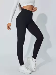 SHEIN PETITE Solid Wide Waistband Leggings - Black - View 1