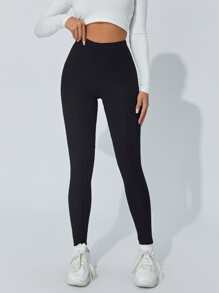 SHEIN PETITE Solid Wide Waistband Leggings - Black - View 3