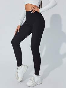 SHEIN PETITE Solid Wide Waistband Leggings - Black - View 4