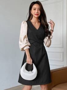 DAZY Crossover Tie Back Lantern Sleeve Dress - Black - View 1