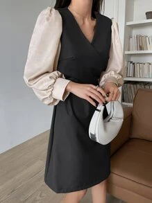 DAZY Crossover Tie Back Lantern Sleeve Dress - Black - View 4