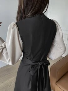 DAZY Crossover Tie Back Lantern Sleeve Dress - Black - View 5