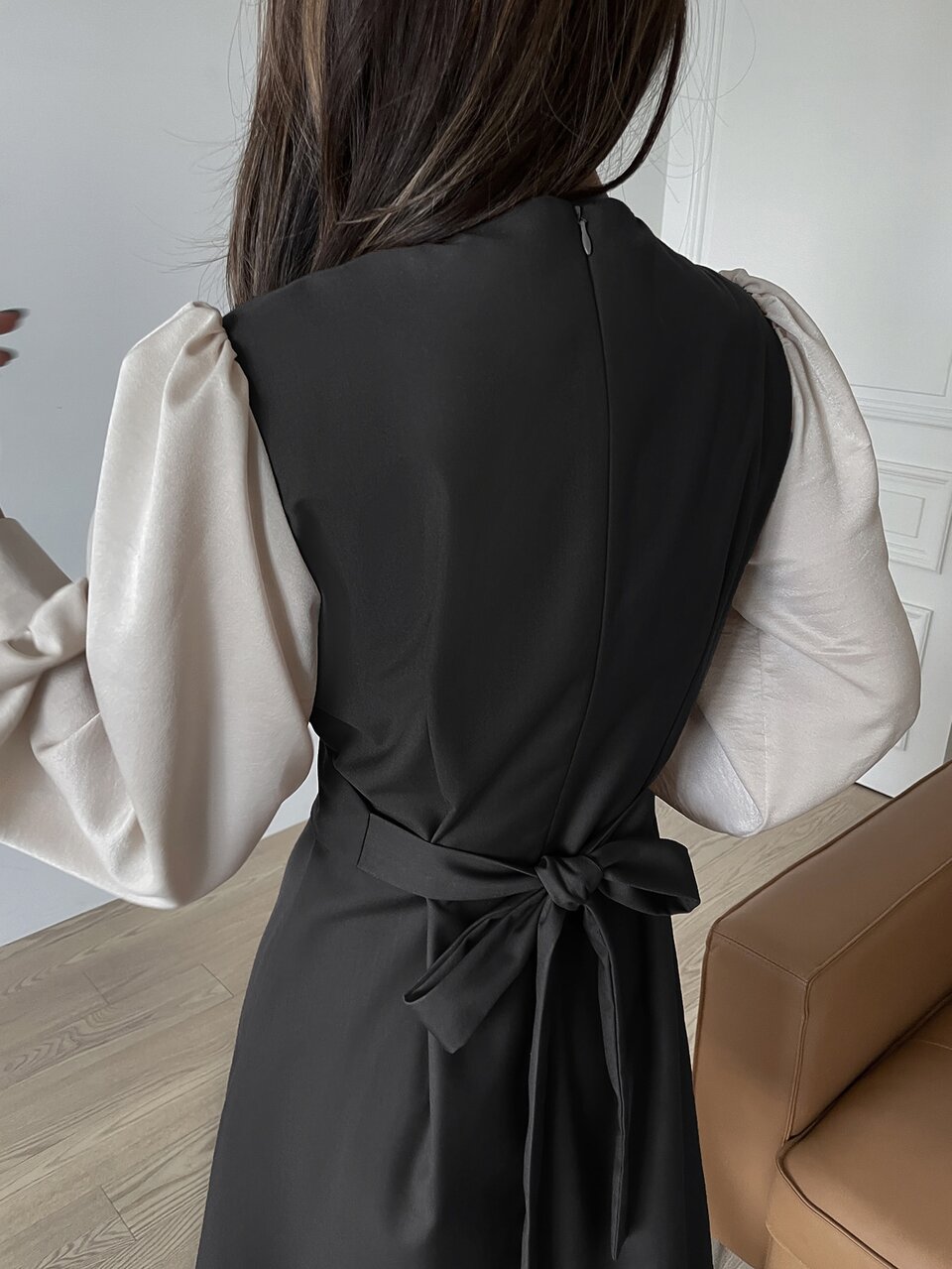 Crossover Tie Back Lantern Sleeve Dress