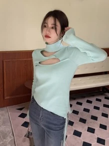 Solid Cut Out Twist Front Asymmetrical Hem Sweater - Mint Blue - View 1