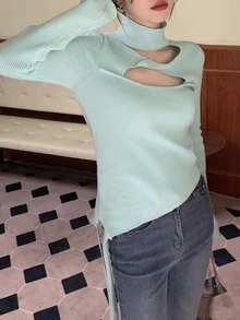 Solid Cut Out Twist Front Asymmetrical Hem Sweater - Mint Blue - View 3
