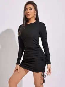 SHEIN PETITE Đầm Dây kéo Xù Gân đan màu trơn Thanh lịch - màu đen - Xem 1