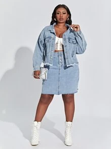 SHEIN SXY Plus Size denim Trang phục hai chiếc một bộ Túi Hem thô Nút phía trước màu trơn Giải trí - Rửa nhẹ - Xem 1