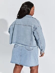 SHEIN SXY Plus Size denim Trang phục hai chiếc một bộ Túi Hem thô Nút phía trước màu trơn Giải trí - Rửa nhẹ - Xem 2