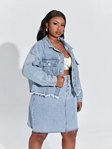 SHEIN SXY Plus Size denim Trang phục hai chiếc một bộ Túi Hem thô Nút phía trước màu trơn Giải trí - Rửa nhẹ - Xem 3