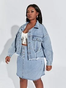 SHEIN SXY Plus Size denim Trang phục hai chiếc một bộ Túi Hem thô Nút phía trước màu trơn Giải trí - Rửa nhẹ - Xem 4
