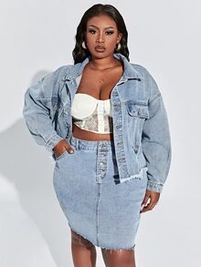 SHEIN SXY Plus Size denim Trang phục hai chiếc một bộ Túi Hem thô Nút phía trước màu trơn Giải trí - Rửa nhẹ - Xem 5