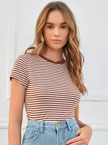 SHEIN EZwear Striped Print Round Neck Tee - Multicolor - View 1