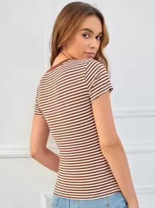 SHEIN EZwear Striped Print Round Neck Tee - Multicolor - View 2