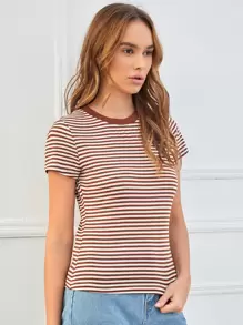 SHEIN EZwear Striped Print Round Neck Tee - Multicolor - View 3
