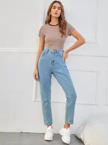 SHEIN EZwear Striped Print Round Neck Tee - Multicolor - View 4