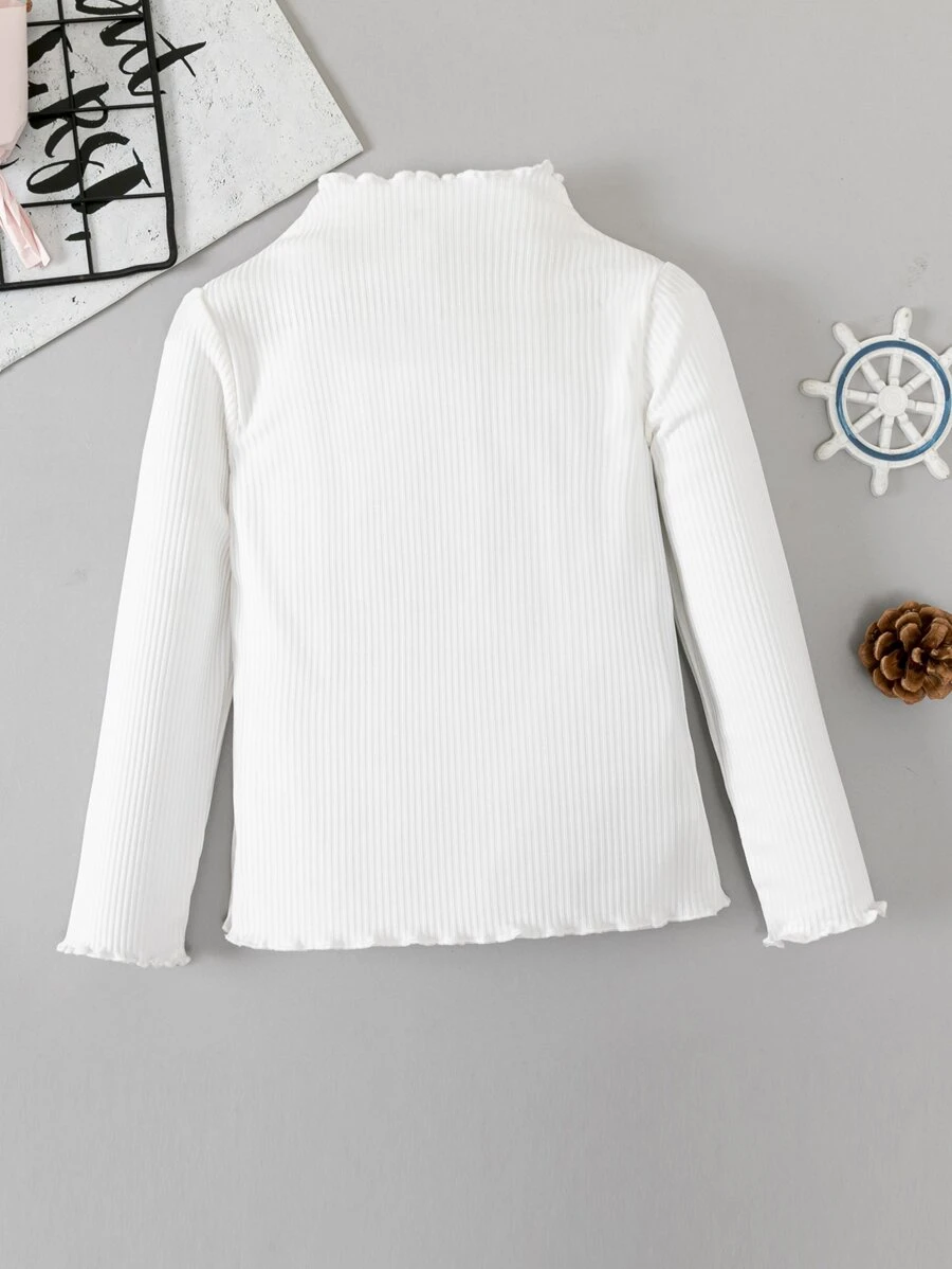 SHEIN Elladie kids Young Girl Ribbed Knit Lettuce Trim Mock Neck Tee - White - View 1