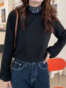 Áo thun nữ Nghề thêu Lá thư Giải trí - màu đen - Xem 1