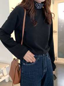 Áo thun nữ Nghề thêu Lá thư Giải trí - màu đen - Xem 4