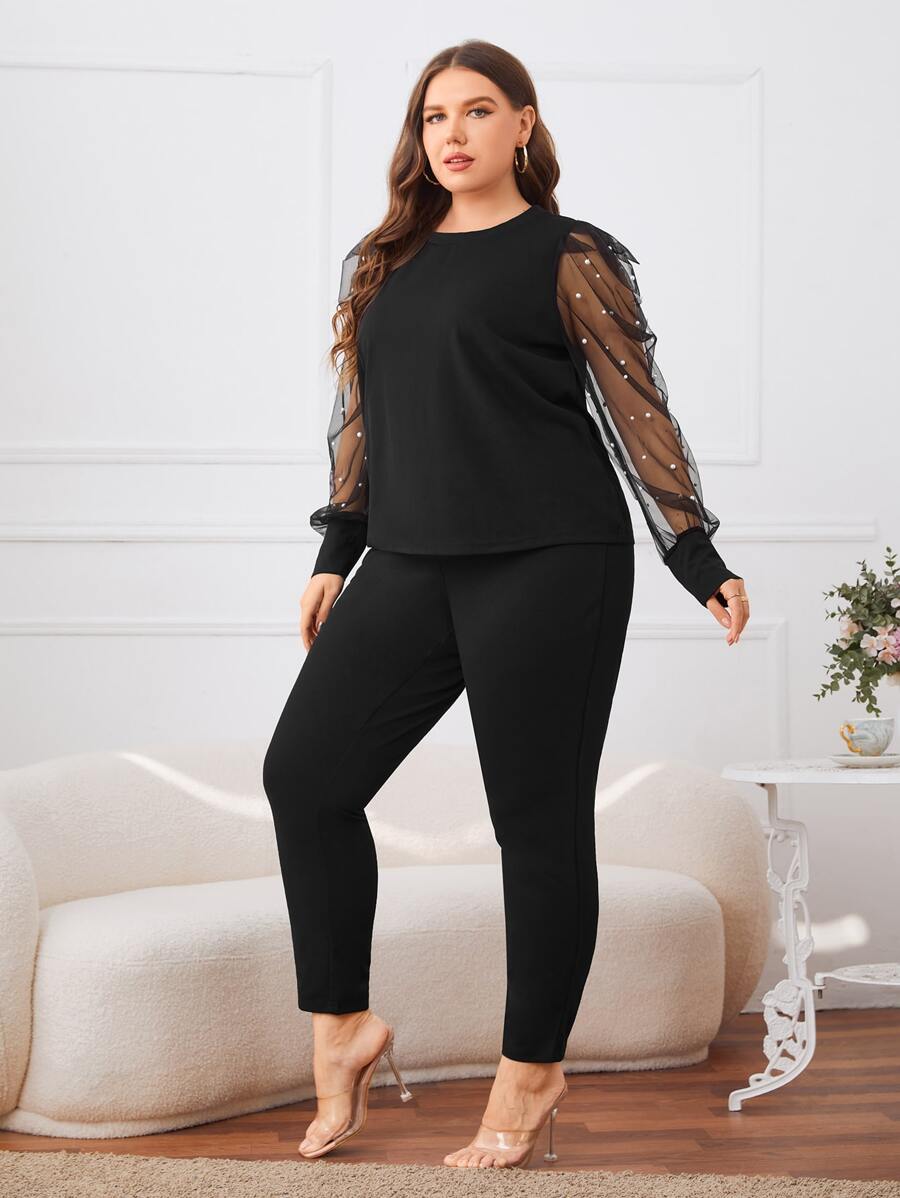 SHEIN Privé Bộ thời trang Plus Size Tương phản Mesh Ngọc trai cắt màu trơn Thanh lịch - màu đen - Xem 1