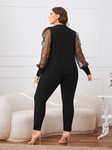 SHEIN Privé Bộ thời trang Plus Size Tương phản Mesh Ngọc trai cắt màu trơn Thanh lịch - màu đen - Xem 2
