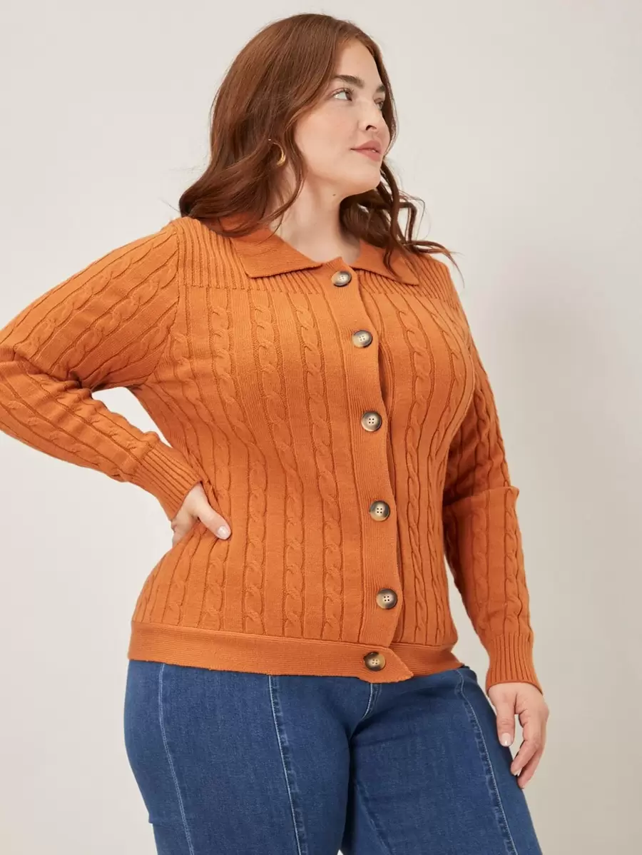 SHEIN Essnce Plus Viscose Cable Knit Cardigan - Orange - View 1