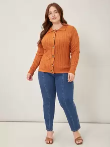 SHEIN Essnce Plus Viscose Cable Knit Cardigan - Orange - View 3