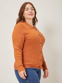 SHEIN Essnce Plus Viscose Cable Knit Cardigan - Orange - View 7