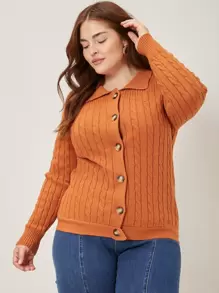 SHEIN Essnce Plus Viscose Cable Knit Cardigan - Orange - View 8