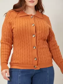 SHEIN Essnce Plus Viscose Cable Knit Cardigan - Orange - View 9