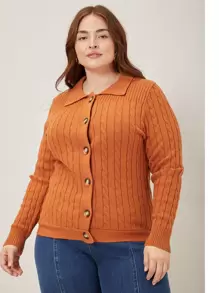 SHEIN Essnce Plus Viscose Cable Knit Cardigan - Orange - View 10