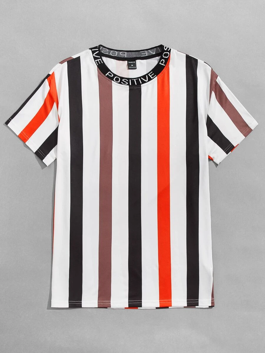 Manfinity VCAY 男士字母織帶領條紋圖案T恤 - 彩色 - 查看 1