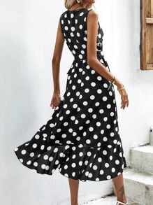 SHEIN VCAY Polka Dot Knot Side Wrap Dress - Black - View 2
