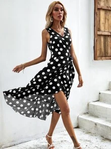 SHEIN VCAY Polka Dot Knot Side Wrap Dress - Black - View 3