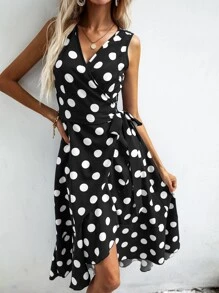 SHEIN VCAY Polka Dot Knot Side Wrap Dress - Black - View 4