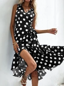 SHEIN VCAY Polka Dot Knot Side Wrap Dress - Black - View 6