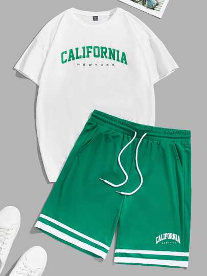 Guys Letter Graphic Tee & Striped Print Shorts Set