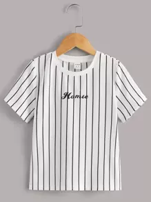SHEIN Leap Crew Young Boy Letter Print Striped Tee - White - View 8
