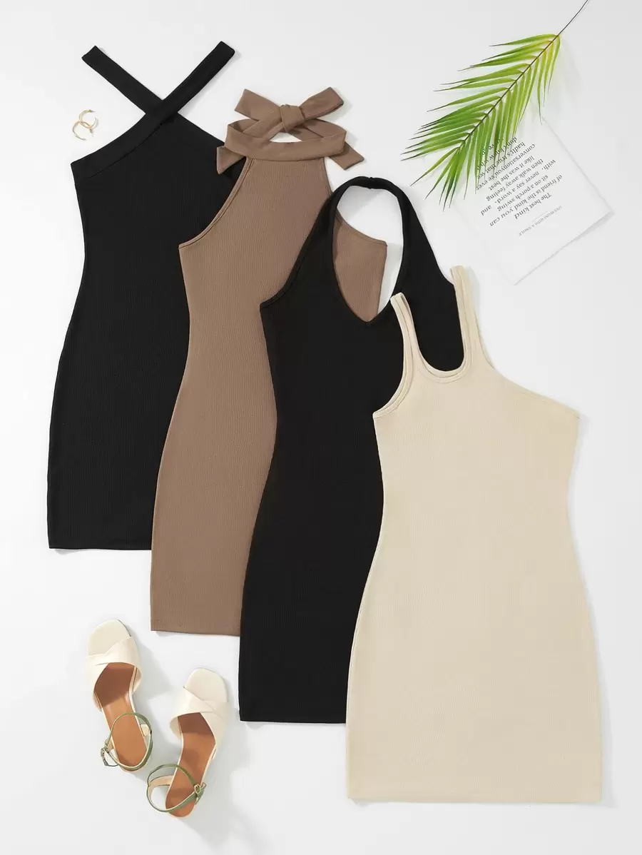 SHEIN Unity 4 piezas Vestido ajustado tejido de canalé - Multicolor - Ver 1