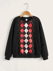 SHEIN 男孩菱形印花落肩袖運動衫 - 黑色 - 查看 1