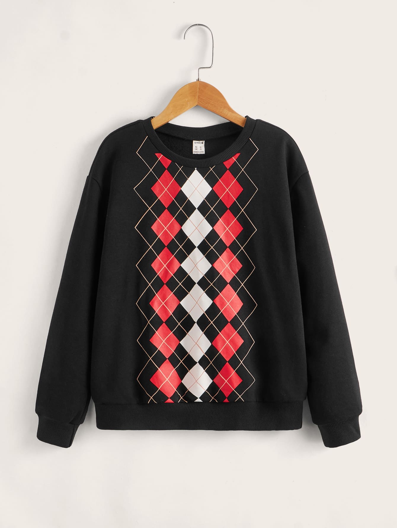 SHEIN 男孩菱形印花落肩袖運動衫 - 黑色 - 查看 1