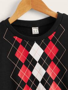 SHEIN 男孩菱形印花落肩袖運動衫 - 黑色 - 查看 4