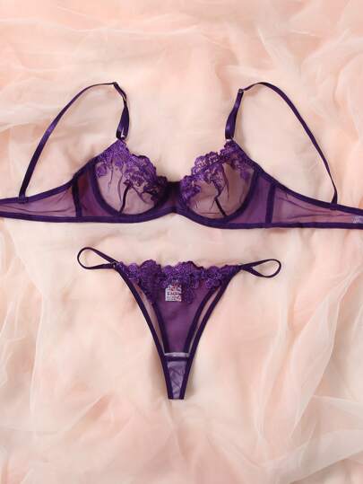 Esselle Bloemen Geborduurde Mesh Underwire BH Slipje Lingerie Set view 4