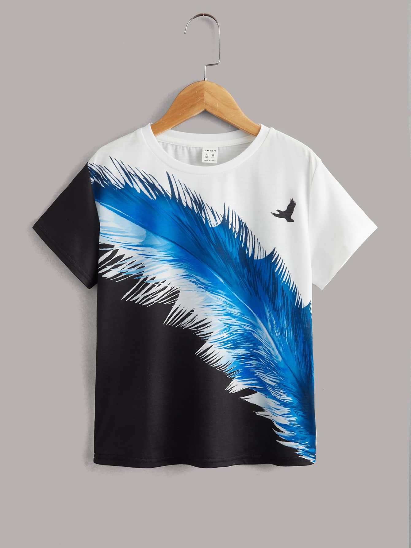 SHEIN Tween Boys' Feather And Eagle Printed T-Shirt With Casual Style, Suitable For Summer Daily Wear - Multicolor - View 1