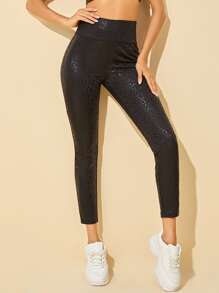 SHEIN 豹紋圖案寬腰帶緊身打底褲 - 黑色 - 查看 4