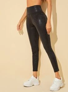 SHEIN 豹紋圖案寬腰帶緊身打底褲 - 黑色 - 查看 5