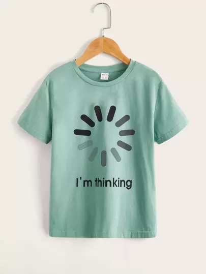 Tween Boy 标语图案 T 恤，休闲风格，适合夏季日常穿着