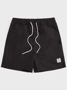 Manfinity VCAY 宽松男士贴布细节抽绳腰休闲短裤 - 黑色 - 查看 1