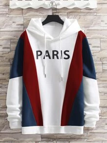 Men Letter Graphic Colorblock Drawstring Thermal Hoodie - Multicolor - View 1