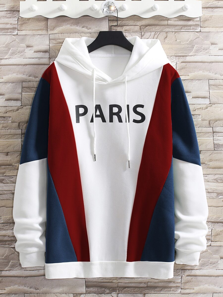 Men Letter Graphic Colorblock Drawstring Thermal Hoodie - Multicolor - View 1
