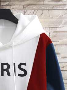 Men Letter Graphic Colorblock Drawstring Thermal Hoodie - Multicolor - View 4